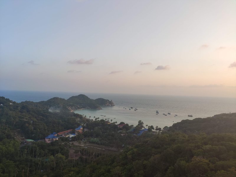 A high-angle landscape view of Chalok Baan Kao Bay at sunset. — Chalok Baan Kao Bay (Ko Tao), Ko Pha-ngan District, Thailand