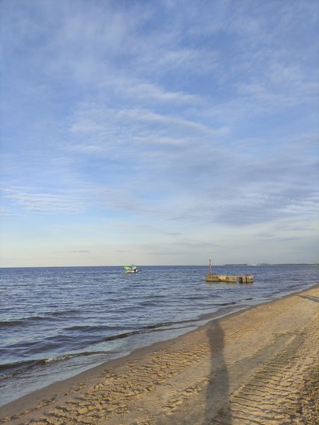 A wide view of the sandy beach and calm water in Sopot.