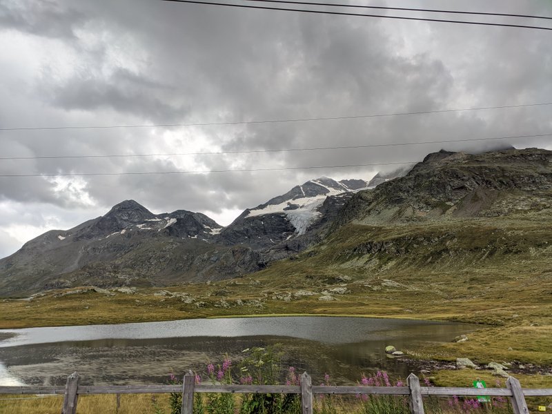 Landscape view of a small lake at Bernina Pass with mountains in the background. — Bernina Pass (Maloja), Pontresina, Grisons, Switzerland