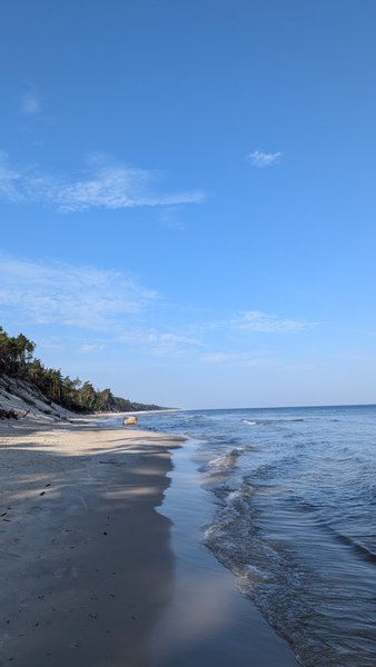 A wide sandy beach meets the calm waters of the Baltic Sea under a clear blue sky. — Debki, Karwieńskie Błota, Pomeranian Voivodeship, Poland
