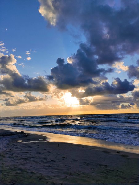 A sunset view of the beach and waves at Dębki. — Debki, Karwieńskie Błota, Pomeranian Voivodeship, Poland