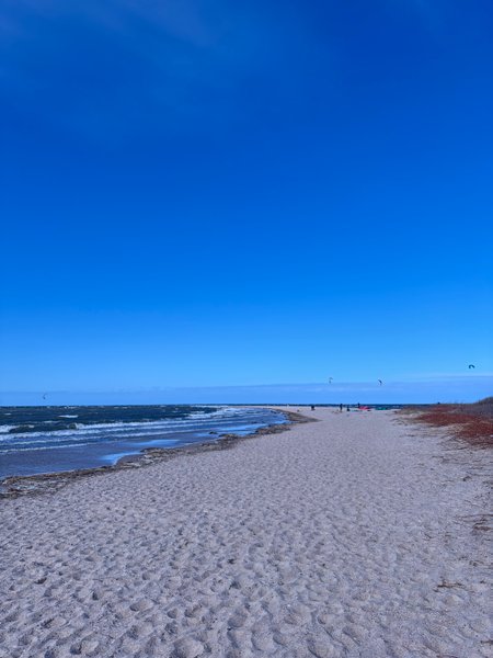 A view of the sandy spit at Rewa with the sea on the left and kites in the distance. — Cypel (Rewa), Rewa, Pomeranian Voivodeship, Poland