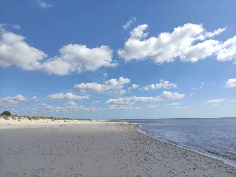 A wide view of the sandy beach and calm water at Sandhammaren under a blue sky.