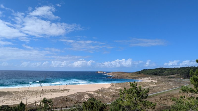 A wide view of Playa de Doninos showing the beach, ocean, dunes, and coastal forest under a blue sky.