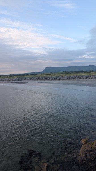 A view across the water at Rosses Point with Benbulben in the distance.