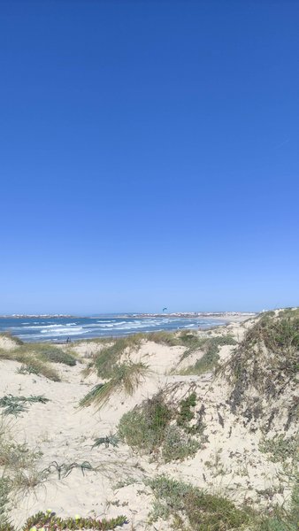 A view across the sand dunes towards the riding area at Baleal Sul. — Baleal Sul (Costa de Peniche), Peniche, Portugal