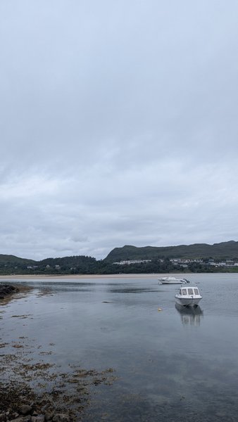 Moored boats in the bay at Mullranny Pier under an overcast sky. — Mullranny Pier (Mulranny Coast), Mulranny, Westport-Belmullet Municipal District, Ireland