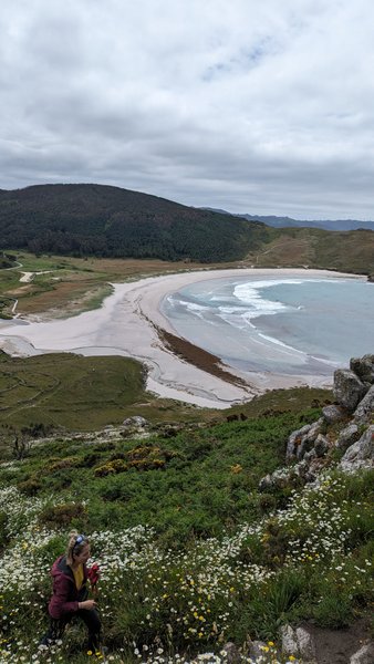 An elevated view of the crescent-shaped Soesto Beach and the surrounding coastal landscape. — Soesto Beach (Bergantiños), Soesto de Abaixo, Galicia, Spain