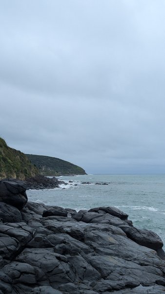 A view of the rocky coastline and water at Whale Bay under an overcast sky. — Baía da Baleia (Raglan), Raglan, Waikato, New Zealand