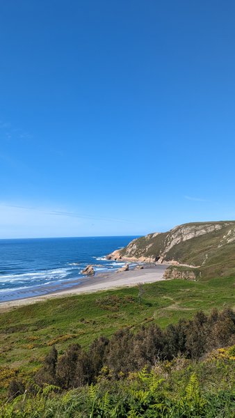 A wide view of Playa de Bayas beach and its surrounding green cliffs under a clear blue sky. — Playa de Bayas (Castrillón), Castrillón, Asturias, Spain