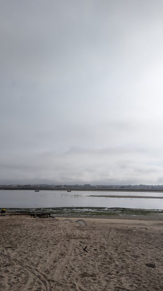 A view across the sand towards the calm waters of the Ria de Aveiro under an overcast sky. — Ria de Aveiro (Costa Nova), Ílhavo, Portugal