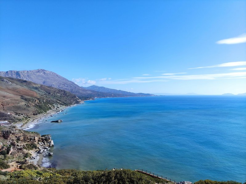 A wide coastal view of the Preveli beach area and the blue sea under a clear sky. — Preveli (Crete), Lefkogia, Greece