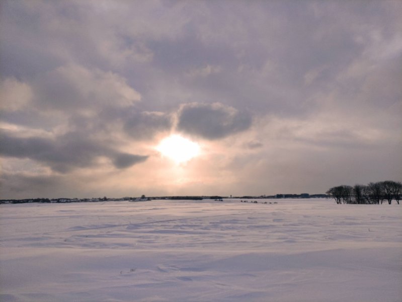 A snowy field in Barniewice under a cloudy winter sky.