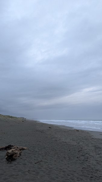 A wide view of the sandy shoreline and surf at New Brighton North under an overcast sky. — New Brighton Norte (Christchurch), Coastal-Burwood Community, Canterbury, New Zealand