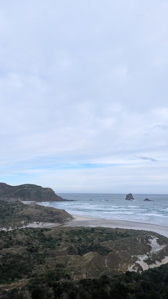 An aerial view of Sandfly Bay showing the beach, dunes, and ocean under an overcast sky. — Baía Sandfly (Dunedin), Dunedin, Otago, New Zealand