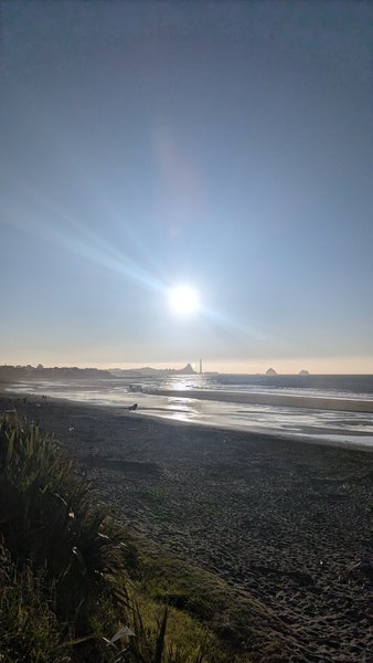 A wide view of Fitzroy Beach looking out towards the ocean under a bright, low sun. — Praia de Fitzroy (New Plymouth), New Plymouth, Taranaki, New Zealand