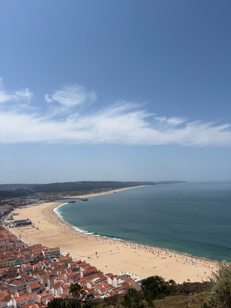 An expansive view of Praia da Nazaré, showing the long sandy beach, the Atlantic Ocean, and the town from a high vantage point.