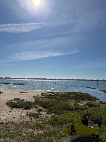 View across the Ria de Aveiro at the Estacas windsurfing spot with a foil board on the grass. — Estacas (Ria de Aveiro), Ílhavo, Portugal