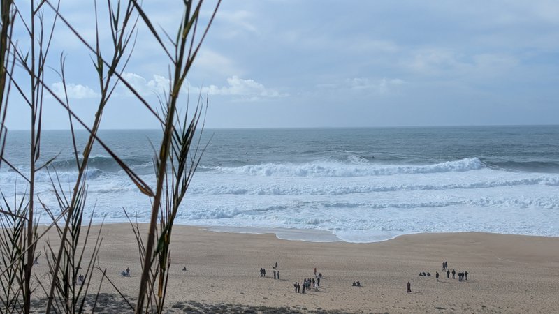 Wide view of the waves at Praia do Norte with spectators on the beach. — Praia do Norte (North Beach), Nazaré, Portugal