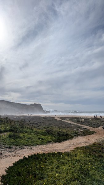 A view across the dunes and beach at Praia do Norte towards the cliffs. — Praia do Norte (North Beach), Nazaré, Portugal