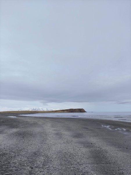 Wide view of the black sand beach and coastal landscape at Eyvik. — Eyvik (Húsavík), Húsavík, Iceland