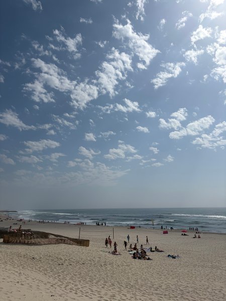 A wide view of the sandy beach and ocean waves at Praia da Barra. — Praia da Barra (Aveiro), Gafanha da Nazaré, Portugal