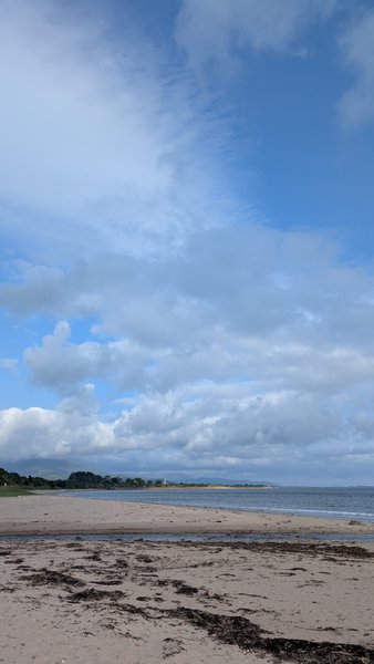 A wide view of Tralee Bay beach with seaweed on the sand under a cloudy sky. — Tralee Bay (County Kerry), Camp, Kenmare Municipal District, Ireland