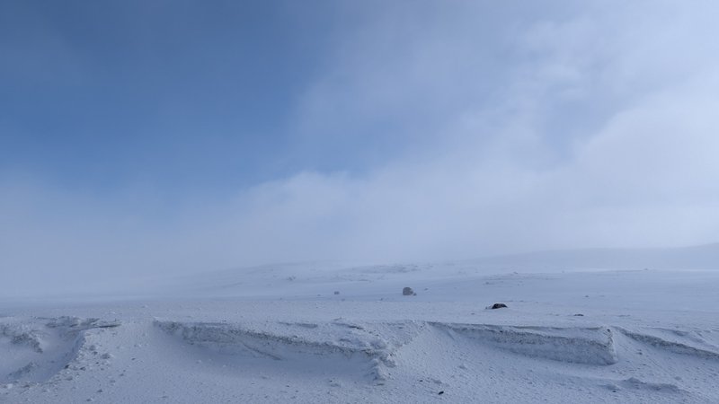 A vast, snow-covered landscape on the Hardangervidda Plateau under a cloudy sky. — Batstjorn (Planície do Hardangervidda), Norway