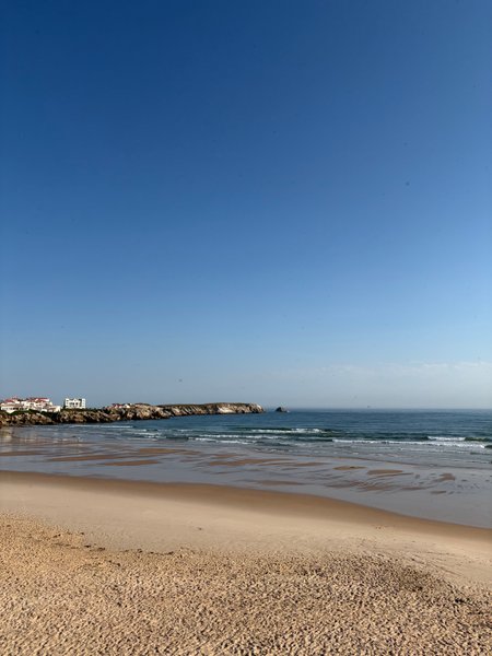 A wide view of the sandy beach and ocean waves at Lagide.
