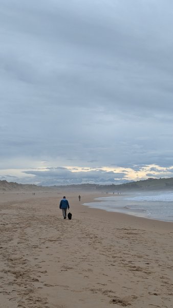 A person walks with a dog along a wide, sandy beach with waves breaking under an overcast sky. — Playa de Robayera (Mogro Bay), Mogro, Cantabria, Spain