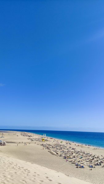 A high-angle view of the sandy beach and turquoise waters at Playa de Salinas. — Playa de Salinas (Jandía), Pájara, Canary Islands, Spain