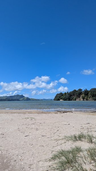 A sunny day view of a sandy beach with calm water and distant green hills. — Whitianga (Coromandel), Thames-Coromandel District, Waikato, New Zealand